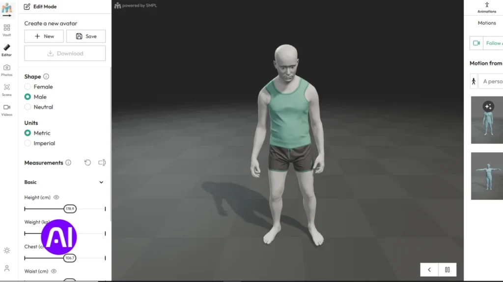 Meshcapade avatar editor interface with male body model in shorts and tank top, adjustable measurement sliders, and animation preview options.