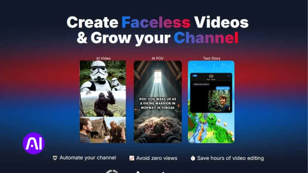 Promotional graphic showing AI tools to create faceless videos, including AI Video, AI POV, and Text Story examples, with benefits like automation, avoiding zero views, and saving editing time.