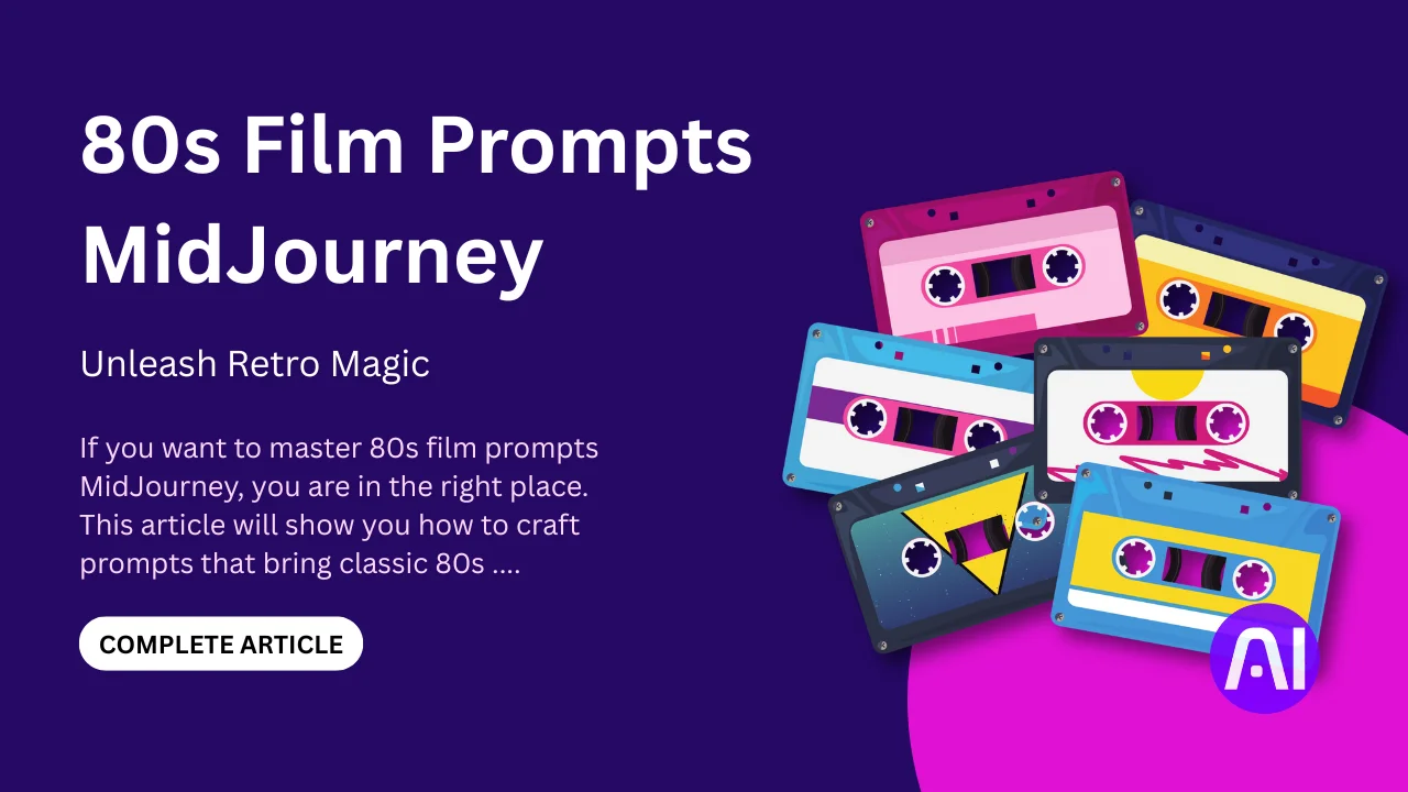 Colorful retro cassette tapes with 80s-themed designs on a purple background, alongside text promoting a guide to mastering 80s film prompts in MidJourney.