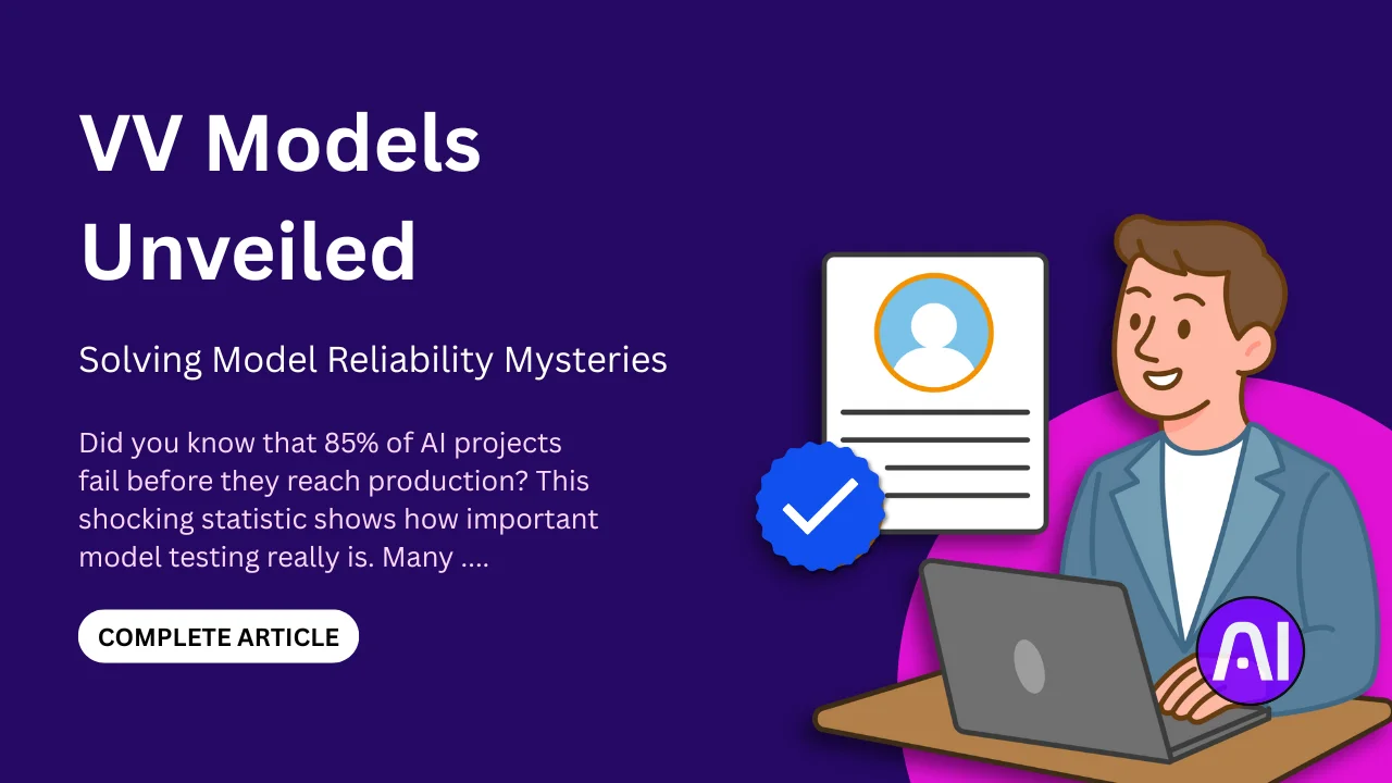 Illustration of a person using a laptop with an AI icon, alongside a verified profile symbol, representing AI validation and VV model reliability.