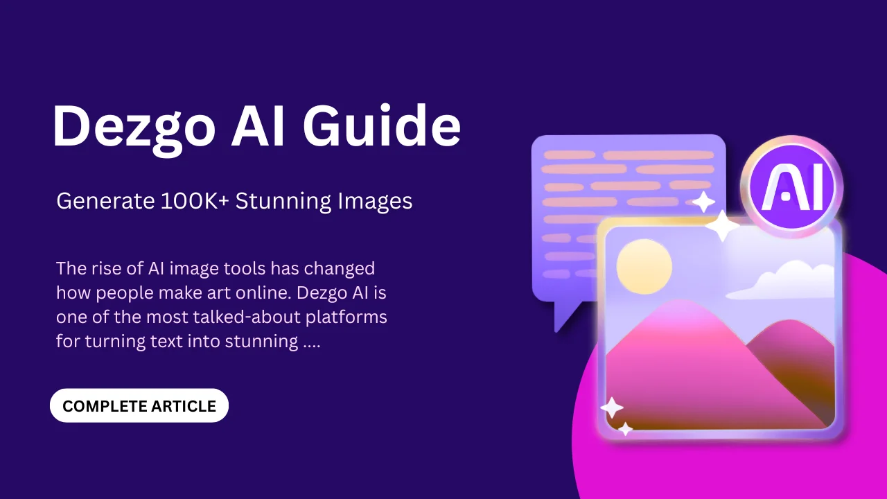 Illustration of a Dezgo AI guide banner with bold text saying “Dezgo AI Guide: Generate 100K+ Stunning Images” featuring a stylized AI icon, a sunset-like image with pink hills, and speech bubbles, all set on a dark purple background.