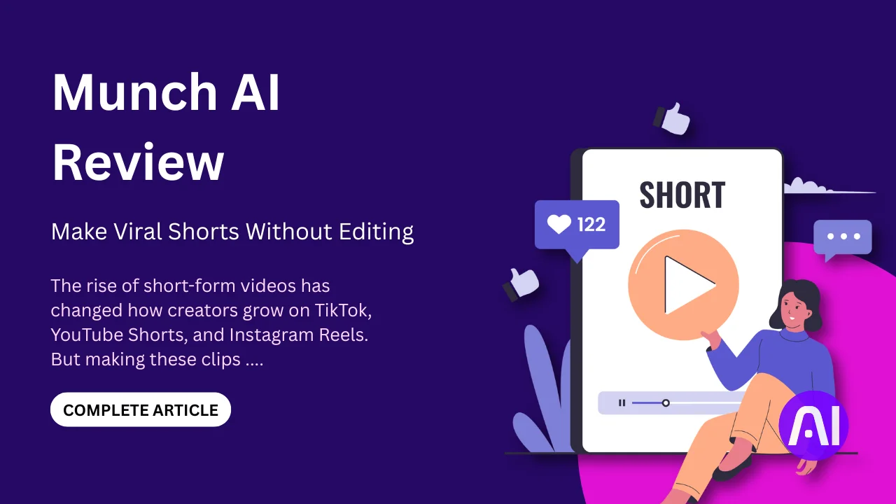 Illustration showing a woman sitting beside a smartphone screen labeled 'SHORT' with social media icons, likes, and comments, promoting Munch AI's tool for creating viral short-form videos without editing.