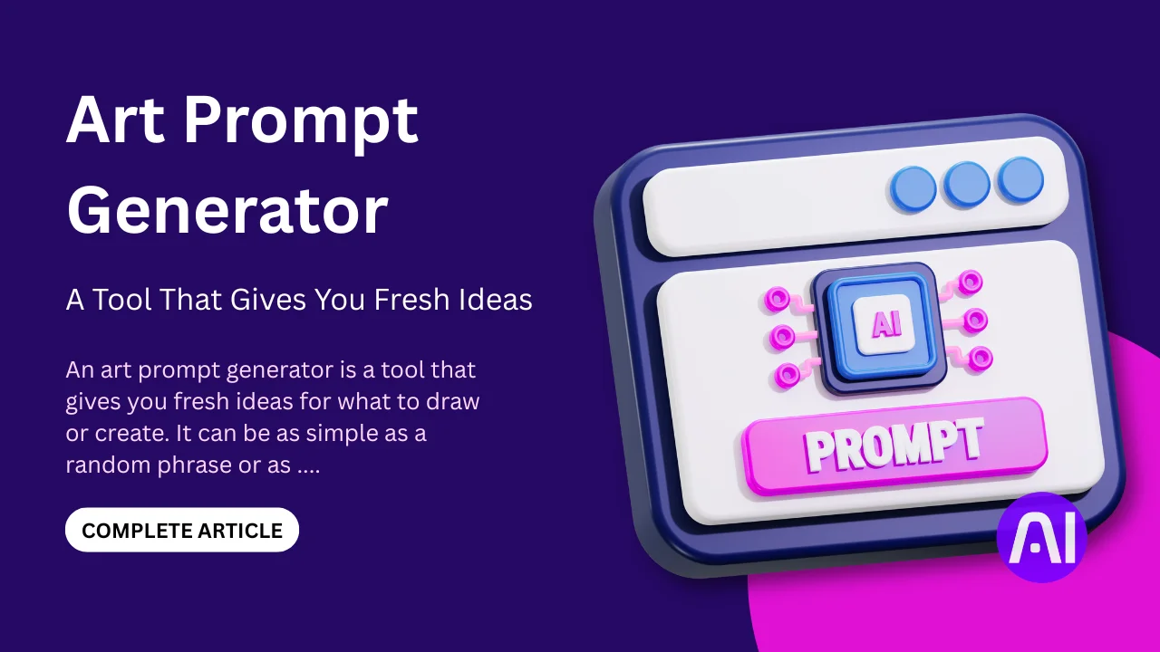 Illustration of an AI art prompt generator interface with bright pink and blue buttons, labeled 'Prompt', symbolizing creative idea generation.