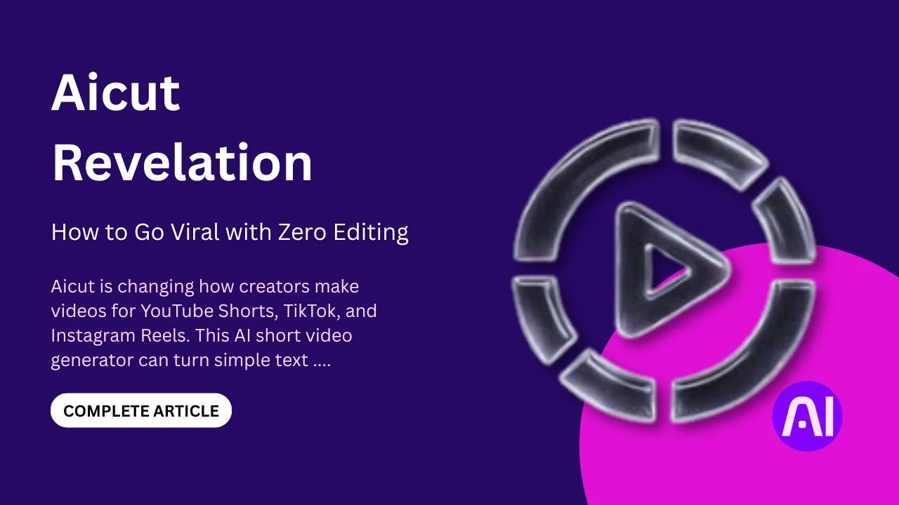 Purple and pink banner for Aicut Revelation promoting AI-powered video creation for YouTube Shorts, TikTok, and Instagram Reels with zero editing.