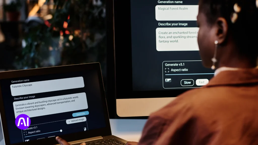 A person using a laptop and desktop computer with an AI image generation tool on the screen, showing prompts and options for creating digital visuals.