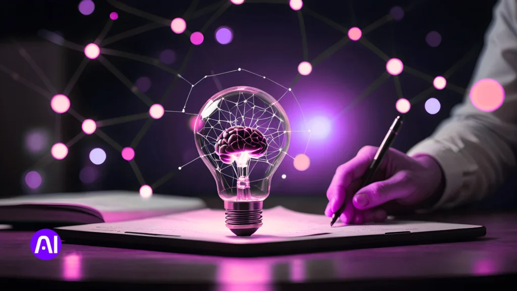 A glowing lightbulb with a brain inside symbolizing artificial intelligence, surrounded by connected pink dots, with a person writing on a notebook in the background.