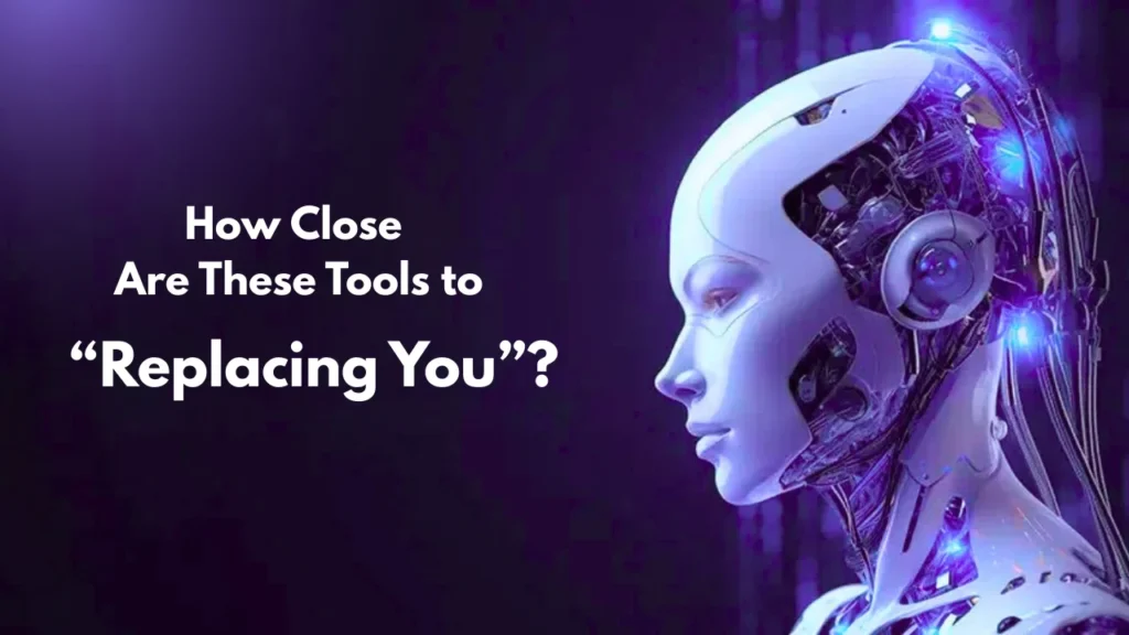 Futuristic AI robot with glowing circuits on a dark background and text asking how close AI coding tools are to replacing human developers.