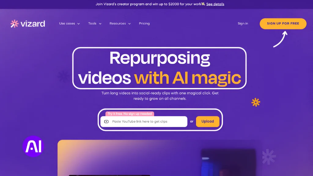 Homepage of Vizard AI showing the headline 'Repurposing videos with AI magic' on a purple background with options to paste a YouTube link or upload a video for creating clips.
