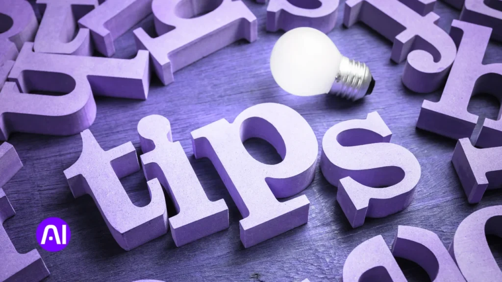 Purple 3D letters spelling 'tips' with a glowing light bulb placed above them, symbolizing creative ideas and advice for Vizard AI.