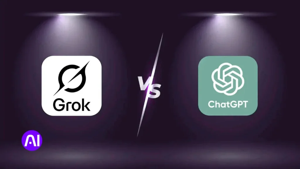 Visual comparison of Grok vs ChatGPT logos under spotlights, symbolizing AI rivalry in accuracy, realtime data, and performance.