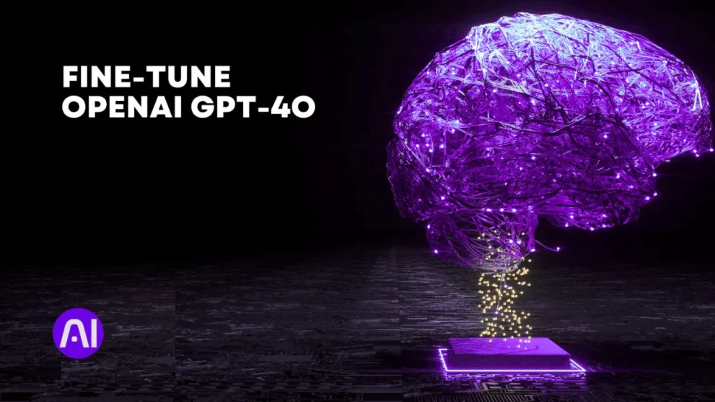 Digital artwork of a glowing purple brain made of neural wires, symbolizing fine-tuning OpenAI GPT-4o and advanced AI model training.
