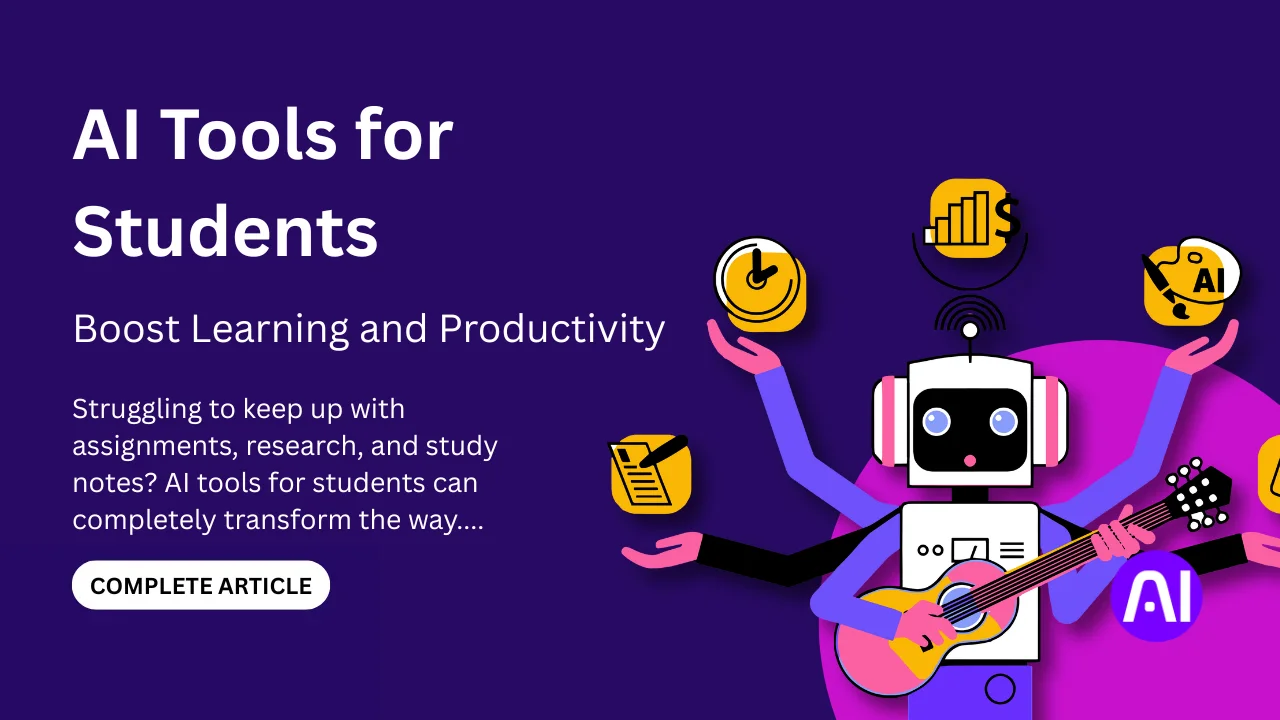 Illustration of a robot using AI tools to help students boost learning, manage time, and improve productivity.