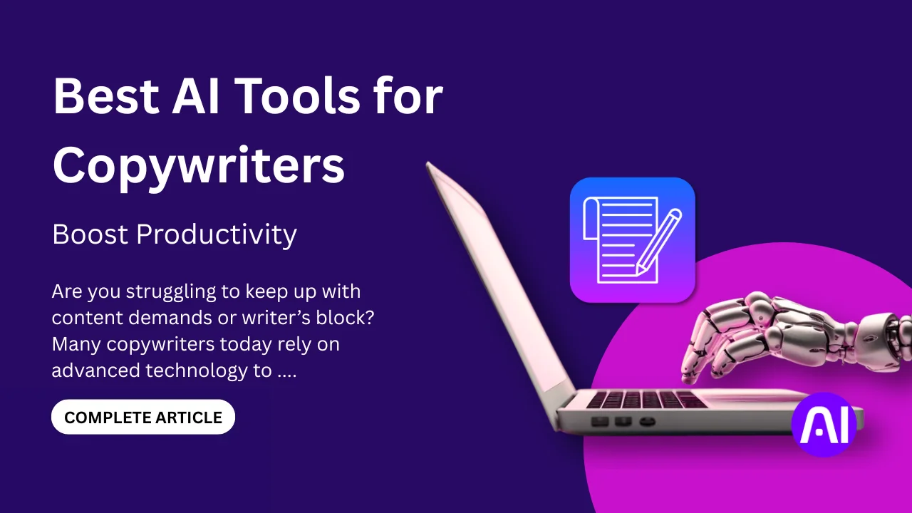 Illustration of a robotic hand typing on a laptop, symbolizing AI writing assistance, with text that reads 'Best AI Tools for Copywriters - Boost Productivity' on a purple background.