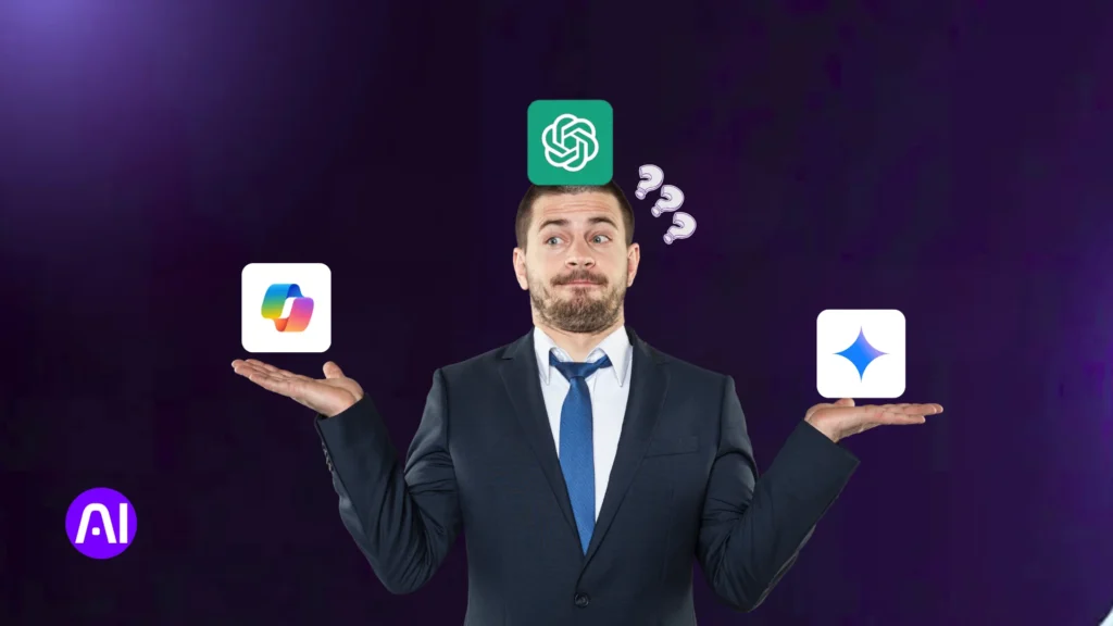 Confused man in a suit holding Copilot and Gemini logos with the ChatGPT logo above his head, representing choosing between AI coding tools.