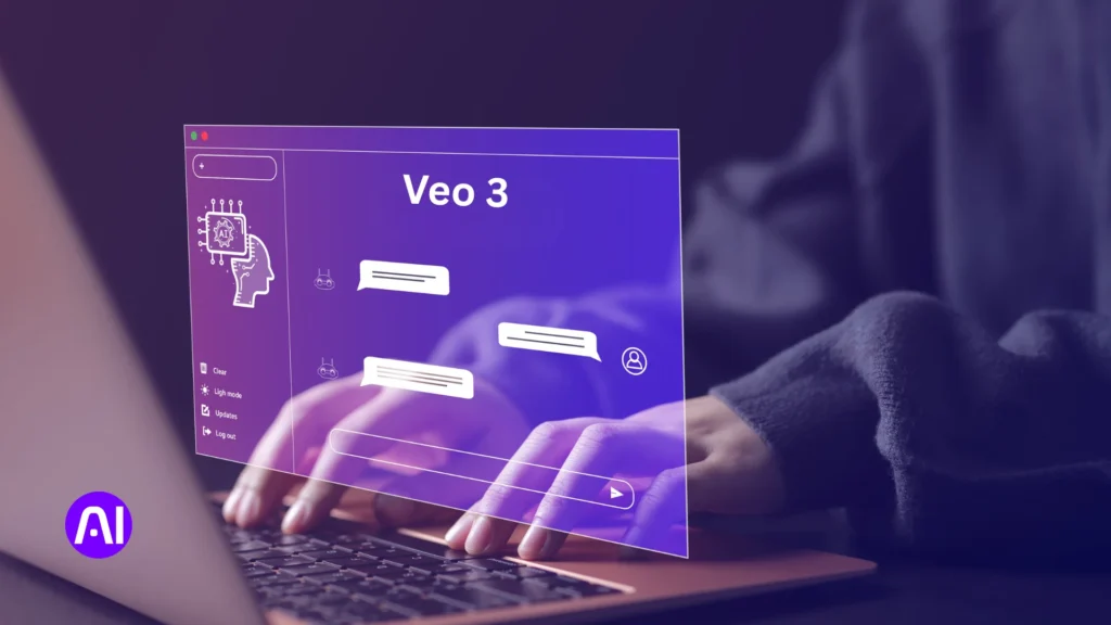 Person typing on a laptop with a digital screen showing Veo 3 chat interface, symbolizing AI and veo 3 prompt creation.
