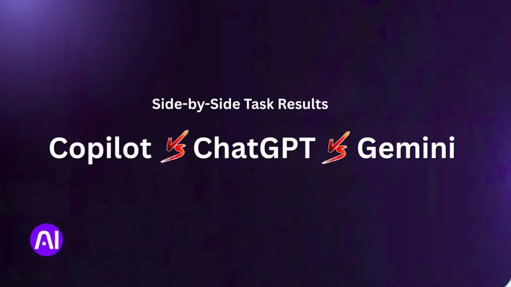 Dark banner showing Copilot vs ChatGPT vs Gemini with the text ‘Side-by-Side Task Results’ and an AI logo.