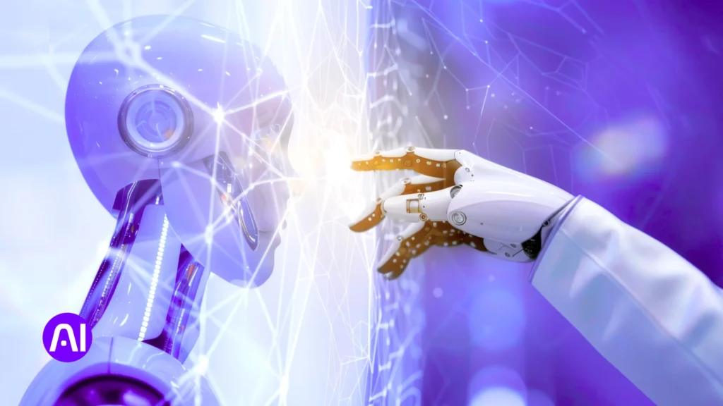 Close-up of two humanoid robots reaching toward each other through a digital interface, symbolizing artificial intelligence connection and technology interaction.
