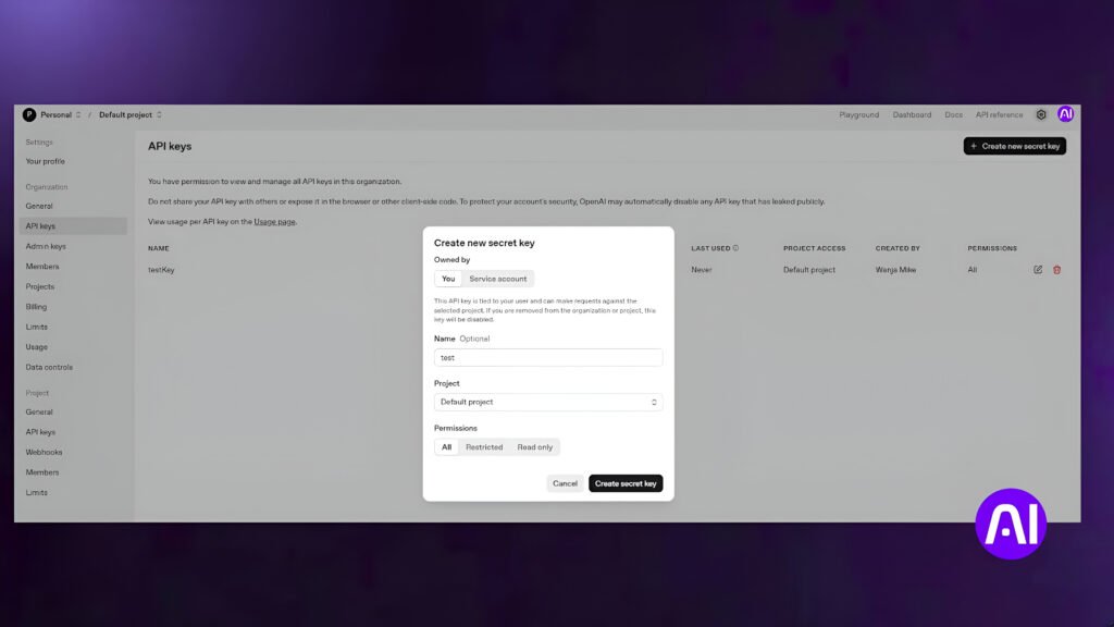 Screenshot of the OpenAI API keys dashboard showing how to create a new secret API key, with a form titled ‘Create new secret key’ in focus.