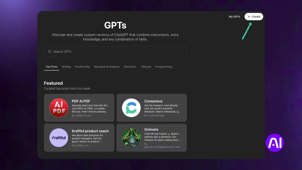 Screenshot of the ChatGPT GPTs page showing the interface to create custom GPTs, with a highlighted ‘Create’ button in the top right corner.