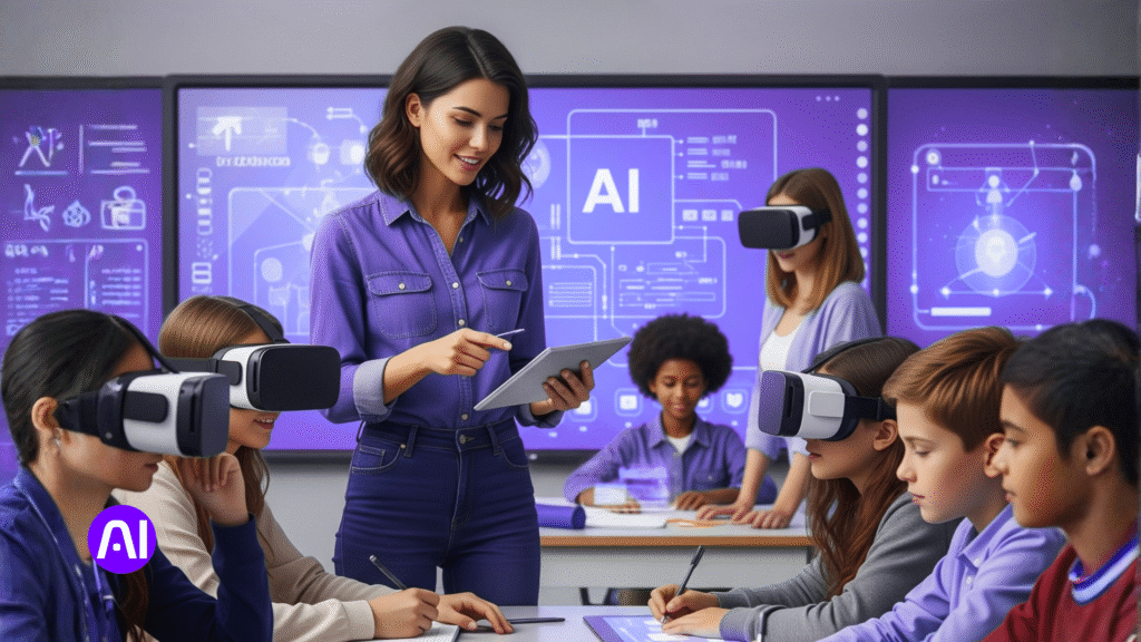 A classroom with students wearing VR headsets while a teacher uses a tablet, and AI-related graphics displayed on screens behind them.