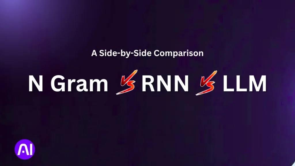 Visual showing the text ‘N Gram vs RNN vs LLM’ under the heading ‘A Side-by-Side Comparison’ on a dark purple background, symbolizing comparison of AI language models.