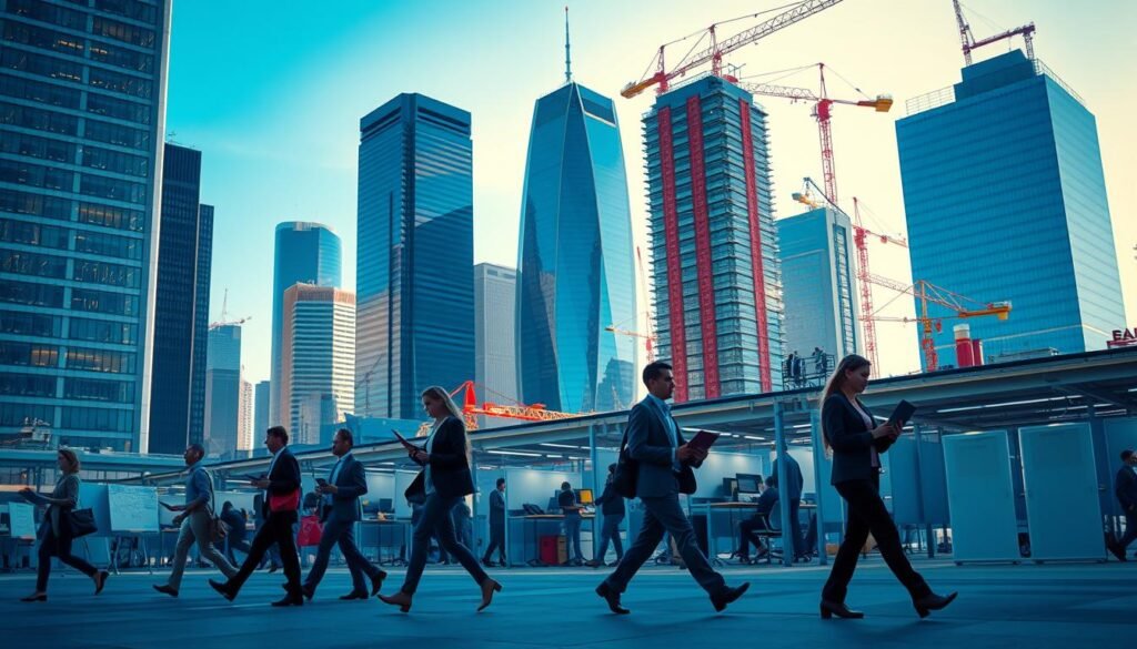 A bustling startup hub in the United States, with modern glass and steel skyscrapers set against a clear blue sky. In the foreground, young entrepreneurs in business attire stride purposefully, laptops in hand, while in the middle ground, groups collaborate at standing desks in open-concept offices, surrounded by whiteboards and the latest tech. The background features the silhouettes of cranes and construction equipment, hinting at the constant evolution and growth of this dynamic ecosystem. Warm, diffused lighting casts a professional, yet energetic atmosphere, capturing the innovative spirit of American startups poised for success.