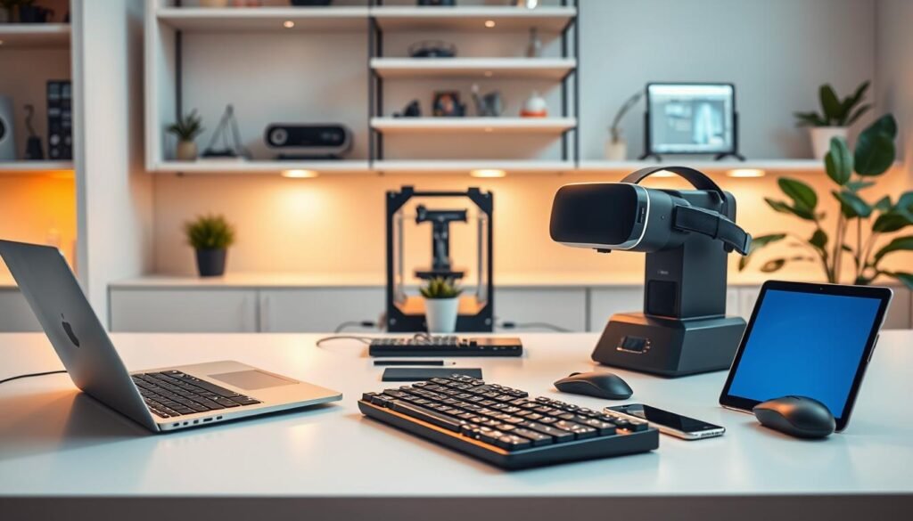 A high-tech workspace with a variety of startup tools artfully arranged on a modern, minimalist desk. In the foreground, a sleek laptop, a virtual reality headset, and a tablet with a stylus, all in shades of silver and black. In the middle ground, a mechanical keyboard, a mouse, and a smartphone, complementing the technological theme. In the background, shelves displaying a 3D printer, a small potted plant, and subtle lighting that creates a warm, focused ambiance. The overall scene exudes an atmosphere of innovation, productivity, and the tools necessary for startup success.
