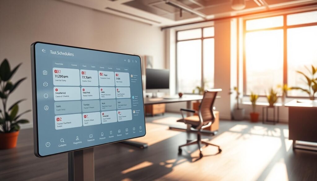 A modern and minimalist office setting, bathed in warm, natural light filtering through large windows. In the foreground, a sleek, high-tech task scheduling interface with intuitive controls and a clean, uncluttered display. Intelligent icons and visual cues guide the user through organizing their workday, with seamless integration of calendars, to-do lists, and time-tracking tools. The middle ground features a standing desk and ergonomic chair, creating an inviting workspace that promotes focus and productivity. In the background, a subtle array of productivity-boosting plants and serene abstract art, conveying a sense of balance and well-being. The overall atmosphere is one of streamlined efficiency, empowering the user to effortlessly manage their tasks and elevate their workday. A modern and minimalist office setting, bathed in warm, natural light filtering through large windows. In the foreground, a sleek, high-tech task scheduling interface with intuitive controls and a clean, uncluttered display. Intelligent icons and visual cues guide the user through organizing their workday, with seamless integration of calendars, to-do lists, and time-tracking tools. The middle ground features a standing desk and ergonomic chair, creating an inviting workspace that promotes focus and productivity. In the background, a subtle array of productivity-boosting plants and serene abstract art, conveying a sense of balance and well-being. The overall atmosphere is one of streamlined efficiency, empowering the user to effortlessly manage their tasks and elevate their workday.