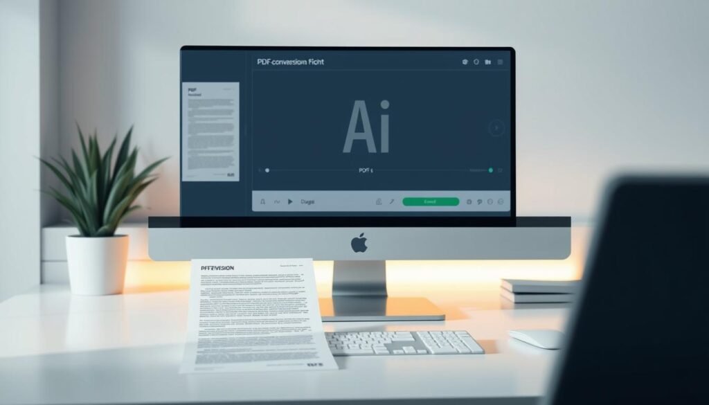A modern, clean, and visually appealing workspace showcasing a PDF conversion layout. In the foreground, a high-resolution PDF document is displayed on a sleek, minimalist computer monitor, with crisp text and detailed graphics. The middle ground features an AI-powered conversion interface, with intuitive controls and clear indicators of the ongoing process. In the background, a soft, ambient lighting illuminates the scene, creating a professional and productive atmosphere. The overall composition emphasizes the seamless integration of technology, efficiency, and user-friendly design, reflecting the capabilities of the best AI PDF converter tools.