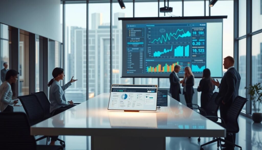 A modern, minimalist office interior with a large projection screen displaying dynamic data visualizations. In the foreground, a sleek, backlit desk with a ThoughtSpot AI analytics dashboard open, showcasing natural language search and intuitive data exploration. The middle ground features a group of professionals collaborating, gesturing towards the screen and discussing insights. The background is filled with floor-to-ceiling windows, allowing natural light to flood the space and create a sense of openness and clarity. The overall atmosphere is one of innovation, productivity, and the power of AI-driven business intelligence.
