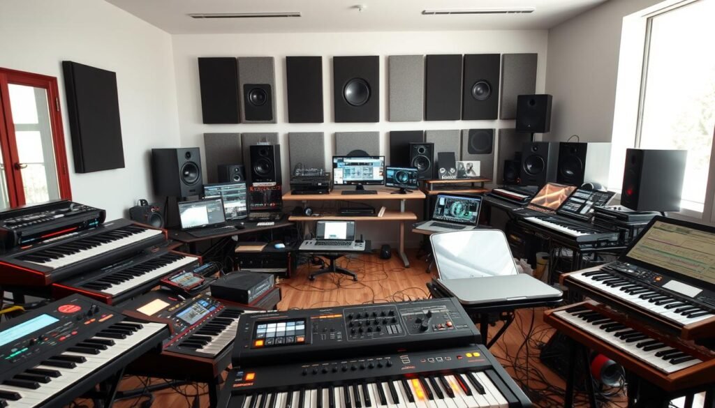 A room filled with a variety of AI-powered music generators, each emitting a unique melody and rhythm. In the foreground, sleek and futuristic-looking synthesizers and MIDI controllers, their glowing displays casting a warm glow. The middle ground features a mix of desktops and laptops, each running advanced music production software, while in the background, a wall-mounted array of speakers and sound absorption panels creates a professional studio ambiance. Natural lighting filters in from large windows, illuminating the scene with a soft, ethereal quality. The overall atmosphere is one of creativity, innovation, and the boundless possibilities of AI-driven music generation. A room filled with a variety of AI-powered music generators, each emitting a unique melody and rhythm. In the foreground, sleek and futuristic-looking synthesizers and MIDI controllers, their glowing displays casting a warm glow. The middle ground features a mix of desktops and laptops, each running advanced music production software, while in the background, a wall-mounted array of speakers and sound absorption panels creates a professional studio ambiance. Natural lighting filters in from large windows, illuminating the scene with a soft, ethereal quality. The overall atmosphere is one of creativity, innovation, and the boundless possibilities of AI-driven music generation.