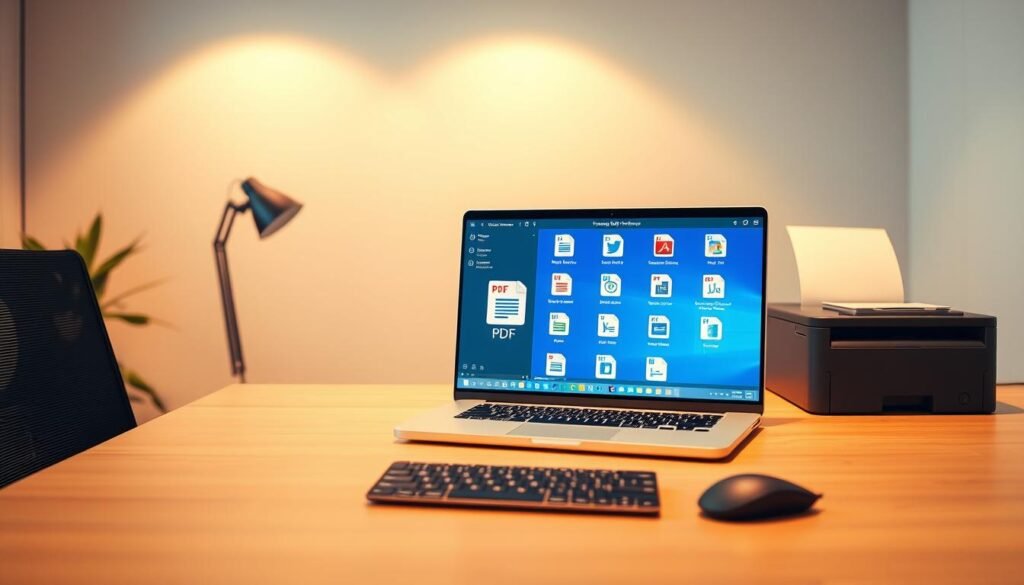 A sleek and modern office setup, with a central focus on various PDF tools displayed on a laptop screen. In the foreground, an ergonomic desk with a minimalist aesthetic, neatly organized with a stylish mouse, keyboard, and a high-quality printer. The laptop screen showcases a vibrant, user-friendly interface with intuitive PDF editing, conversion, and annotation tools. The middle ground features a warm, diffused lighting that creates a productive and professional atmosphere. In the background, a clean, modern wall with a subtle pattern or texture adds depth and visual interest to the scene. The overall composition conveys the power and efficiency of these AI-powered PDF converter tools, making them an essential part of a well-designed, technology-driven workspace.