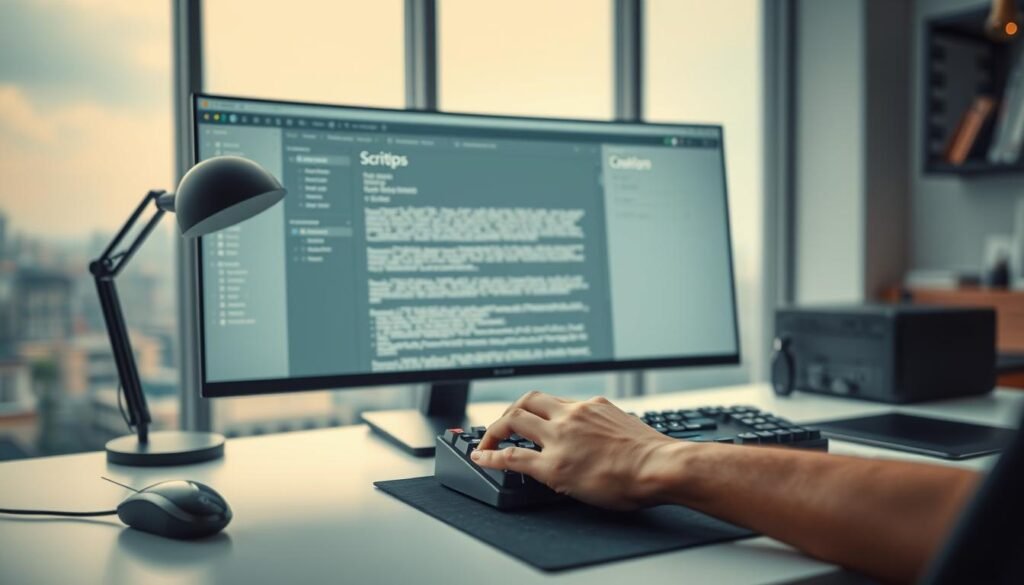 A sleek, modern workspace with a large, high-resolution computer monitor displaying a scriptwriting software interface. The screen shows a script-formatting layout with scene headings, character names, and dialogue boxes. In the foreground, a creative writer's hand hovers over a stylish, wireless mechanical keyboard, ready to bring the story to life. The lighting is soft and diffused, creating a focused, professional atmosphere. The desk surface is clutter-free, save for a minimalist, task-oriented desk lamp and a discreet, high-end mouse. The background features a subtle, blurred cityscape, suggesting the writer's connection to the urban creative hub. The overall impression is one of efficient, AI-powered productivity and artistic inspiration.