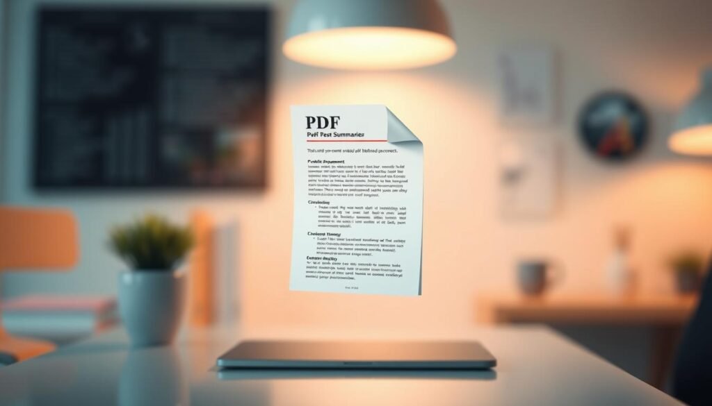 A sophisticated PDF summarizer tool, rendered in a clean, minimalist style. In the foreground, a stylized document hovers, its contents distilled into a concise, visually-appealing summary. The background features a softly blurred workspace, suggesting a productive digital environment. The lighting is gentle, with a warm, inviting glow that enhances the tool's intuitive usability. The perspective is slightly angled, giving the image a sense of depth and emphasizing the PDF summarizer's central role. The overall mood is one of efficiency, clarity, and technological sophistication, reflecting the section's focus on optimizing PDF content before conversion.