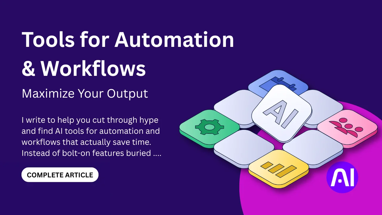 Illustration of AI Tools for Automation and Workflows featuring app icons and a call-to-action layout on a purple background.
