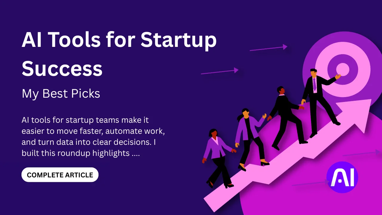 Illustration of people climbing an upward arrow toward a target, paired with the headline AI Tools for Startup Success on a purple background.