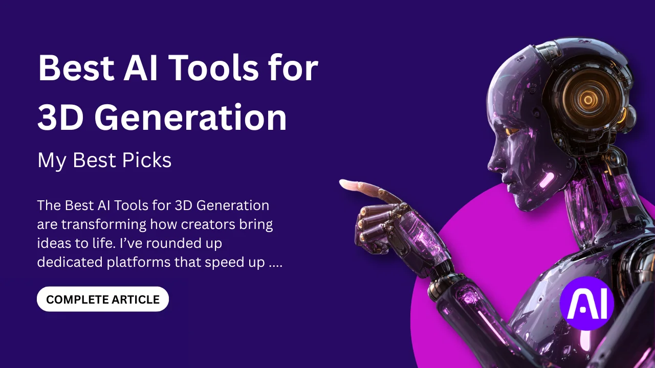 Futuristic purple-themed banner showing a glossy humanoid robot pointing beside the title ‘Best AI Tools for 3D Generation’ with a short article preview.