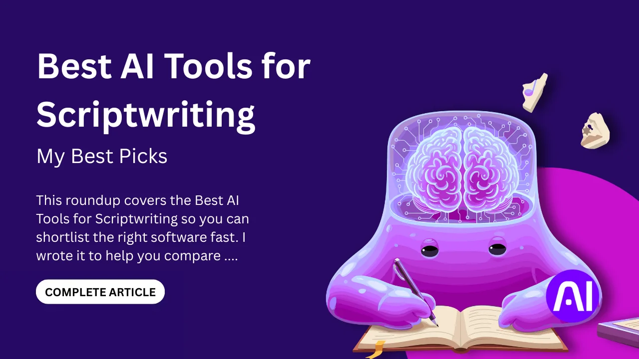 Purple cartoon AI character with a glowing brain writes in a notebook beside a heading that reads Best AI Tools for Scriptwriting.