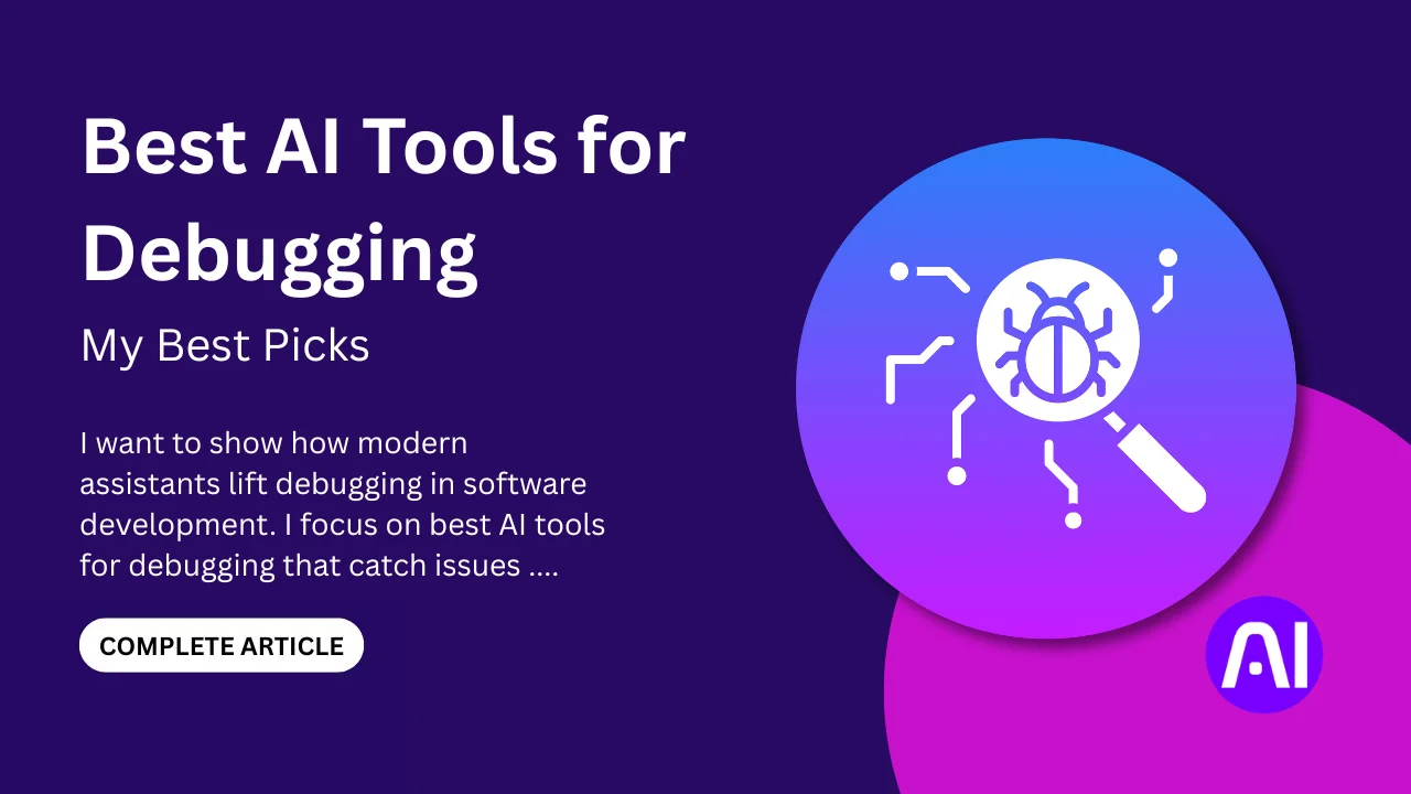 Best AI tools for debugging article cover featuring a magnifying glass icon over a digital bug.