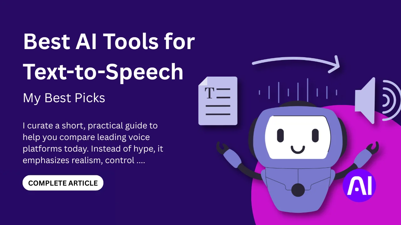 Illustration showing Best AI Tools for Text-to-Speech with a friendly AI robot converting text into natural-sounding audio.