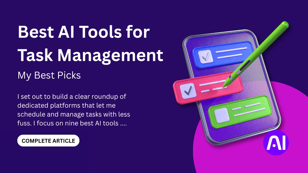 3D digital illustration of task management on a mobile phone with a purple background for an article on the Best AI Tools for Task Management.