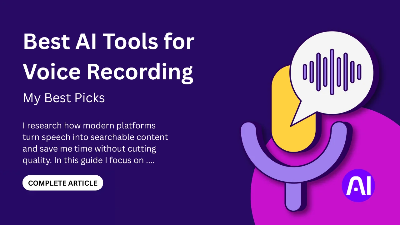 banner showing “Best AI Tools for Voice Recording” with a microphone icon and AI-themed design on a purple background.