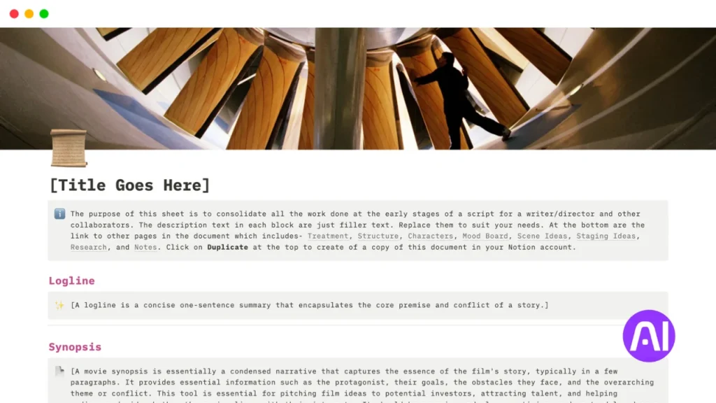 Notion style script template showing sections for logline and synopsis with a large header image and writing instructions.