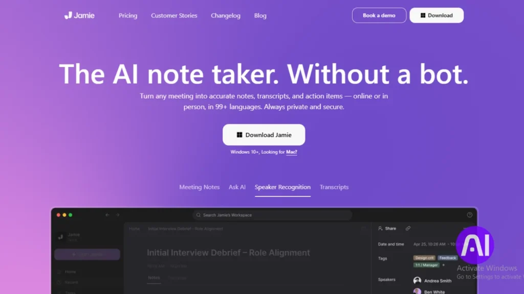 A screenshot of the Jamie website, promoting "The AI note taker. Without a bot," which turns meetings into notes, transcripts, and action items, available for Windows.