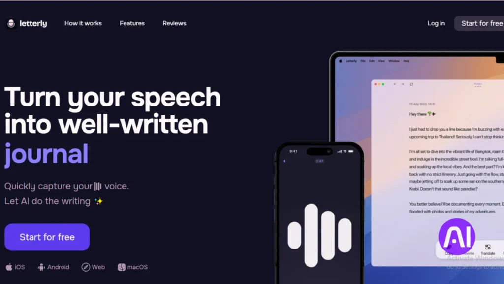 A screenshot of the Letterly app website, promoting turning speech into a well-written journal, shown on a phone and a tablet screen.
