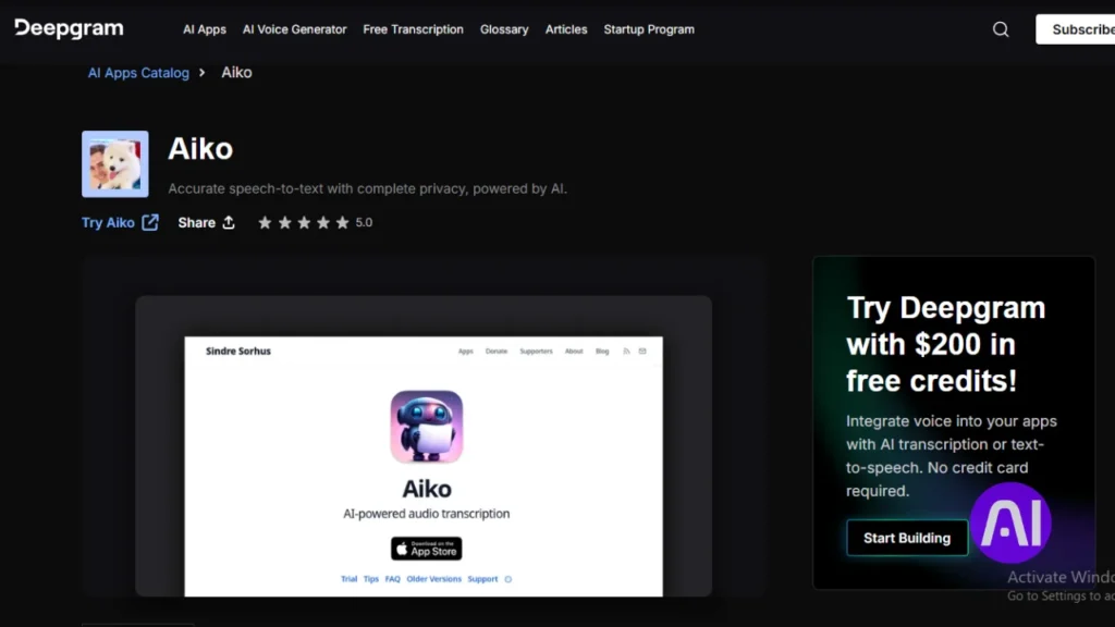 A screenshot from the Deepgram AI Apps Catalog showcasing "Aiko," an AI-powered audio transcription app for accurate speech-to-text.