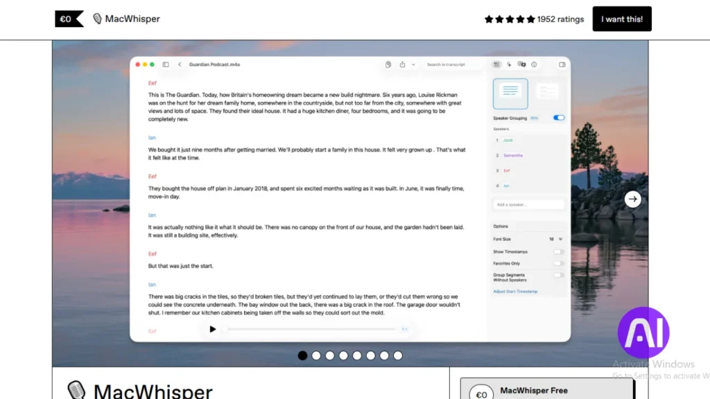 A screenshot of the MacWhisper transcription application interface, showing a detailed transcript of an audio file with speaker grouping and editing options.