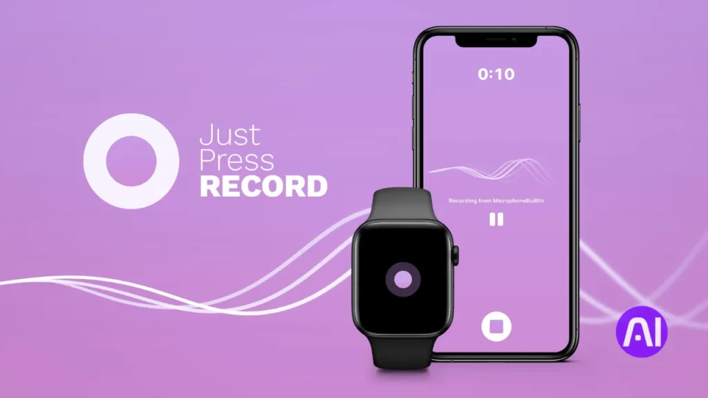A promotional image for the "Just Press Record" app, showing the interface on a smartphone and an Apple Watch on a purple background.