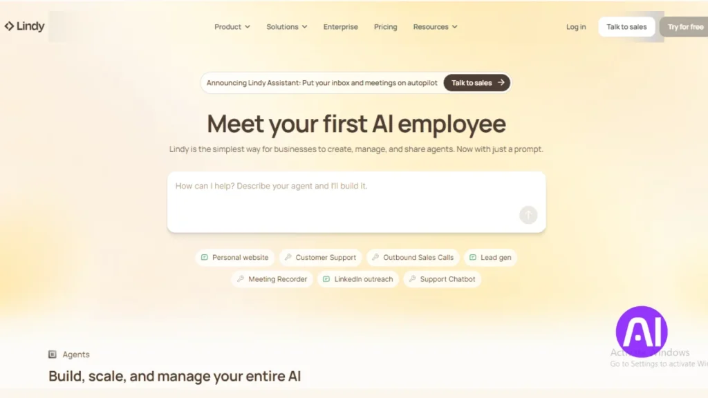 Screenshot of the Lindy AI website with the headline "Meet your first AI employee."