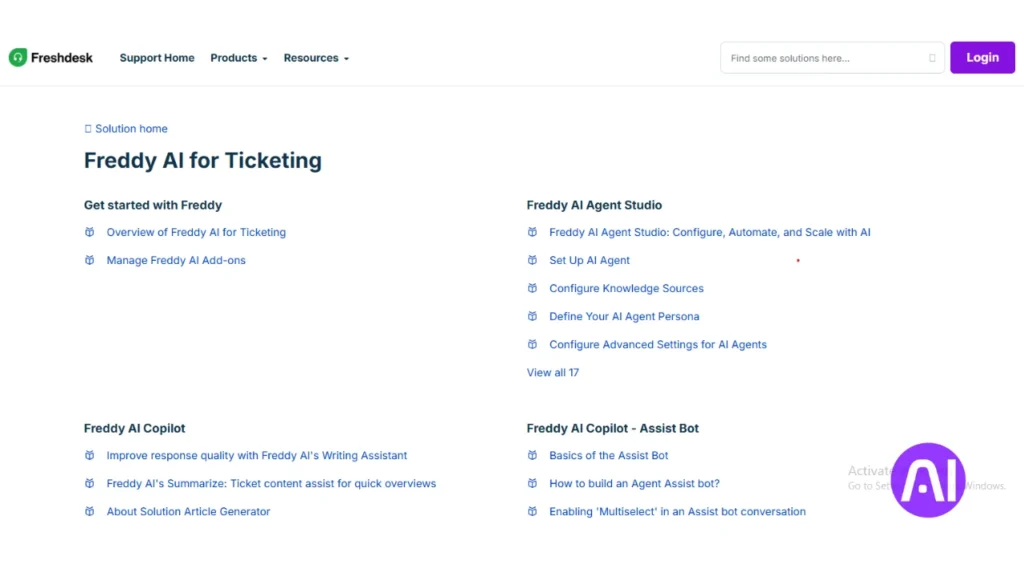 A screenshot of the Freshdesk support home page, listing resources for "Freddy AI for Ticketing," including Agent Studio and Copilot features.
